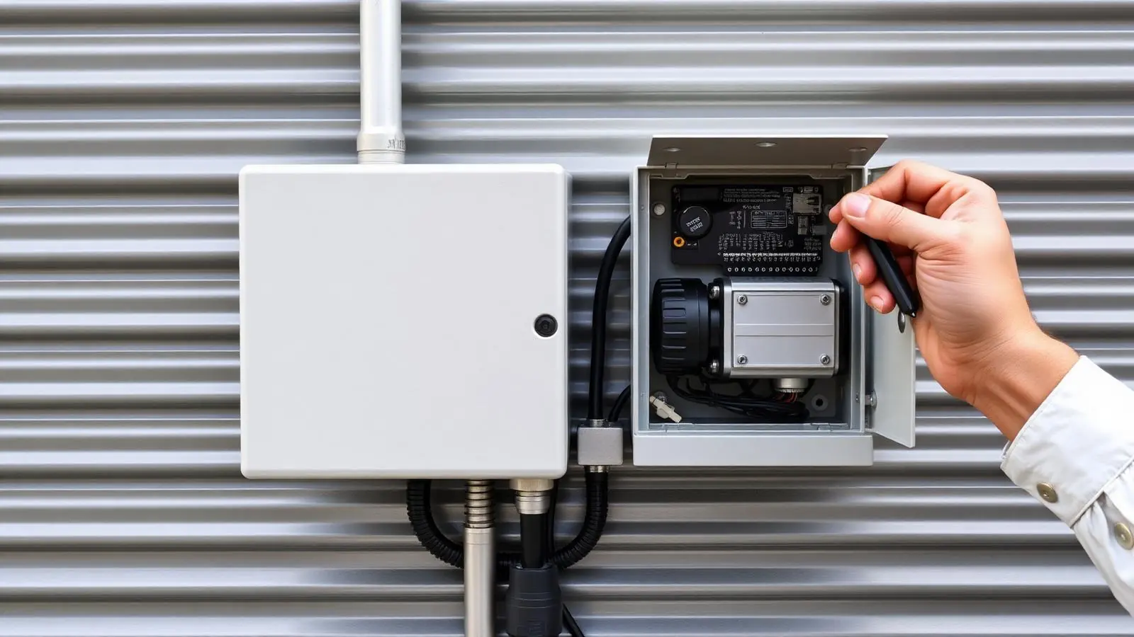 Otvorená riadiaca skrinka pohonu brány s doskou elektroniky pri diagnostike